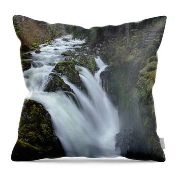 Serene Flow Through Mossy Forest Throw Pillow