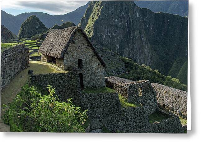 Ancient Ruins With Majestic Mountain Backdrop Greeting Card