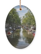 Serene Amsterdam Canal With Boats And Trees Ornament