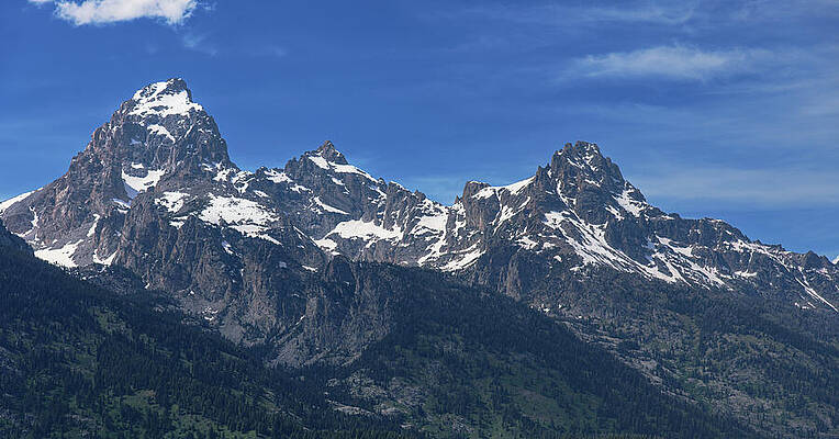 Wall Art featuring the photograph Snow-Capped Teton Mountain Peaks Under Blue Sky by Brandon Wichmann
