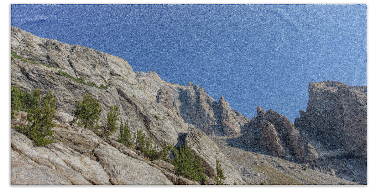 Majestic Mountain Peaks Under Blue Sky Hand Towel