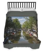 Serene Amsterdam Canal With Boats And Trees Duvet Cover