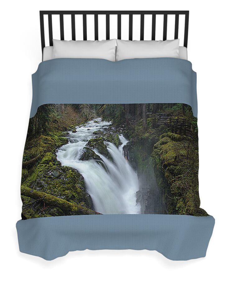 Serene Flow Through Mossy Forest Duvet Cover