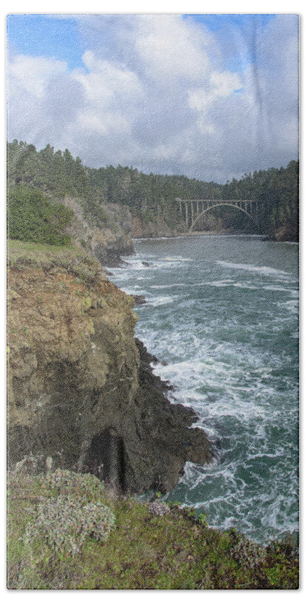 Coastal Bridge Over Rushing Waters Hand Towel