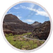 Winding Road Through Desert Canyon Round Beach Towel