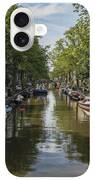 Serene Amsterdam Canal With Boats And Trees iPhone Case