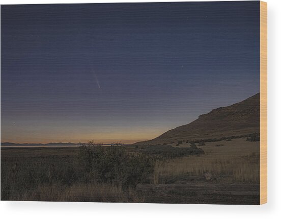 Twilight Comet Over Desert Landscape Wood Print