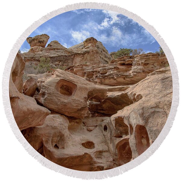 Majestic Rock Formations In Capitol Reef National Park Round Beach Towel