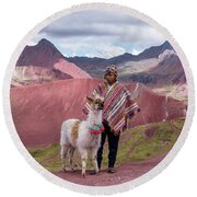 Peruvian Scene With Red Valley And Llama Round Beach Towel