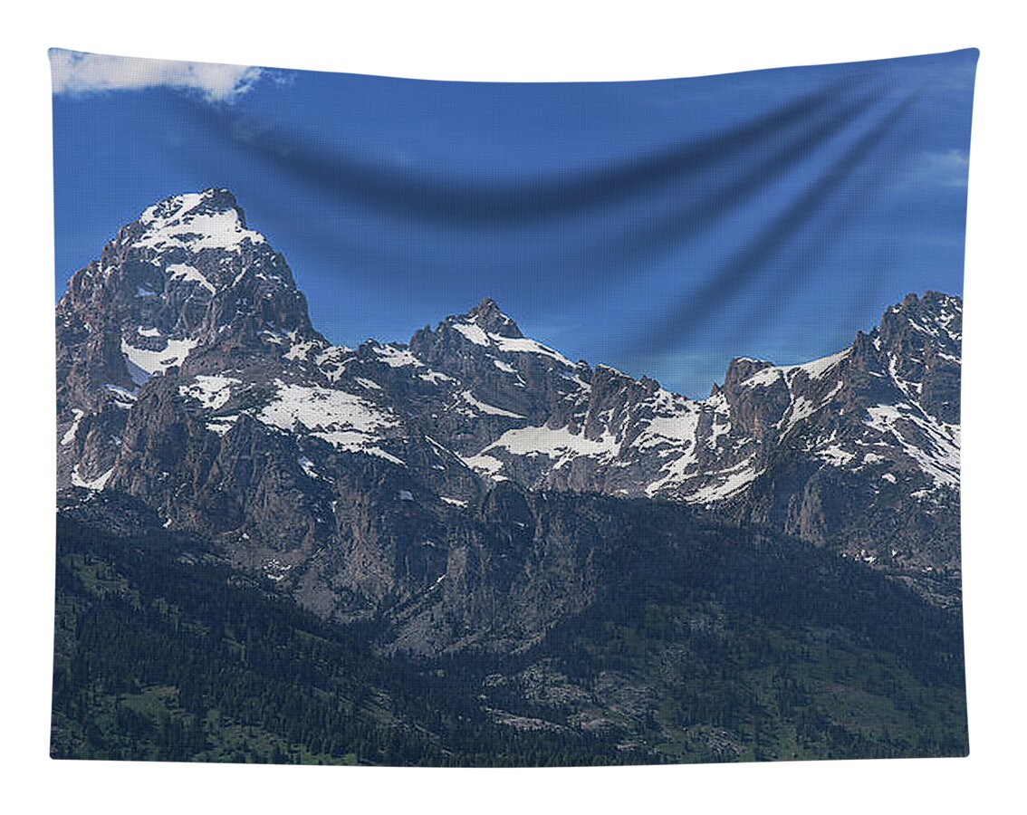 Snow-capped Teton Mountain Peaks Under Blue Sky Tapestry