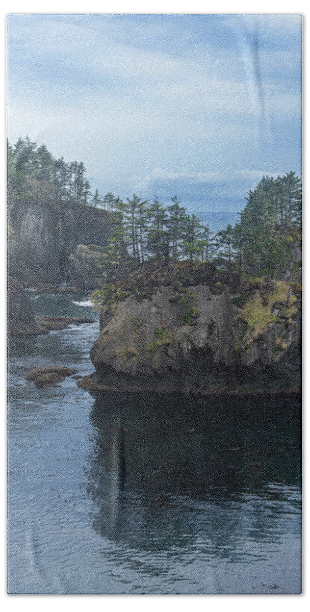 Serene Coastal Rocky Landscape Hand Towel