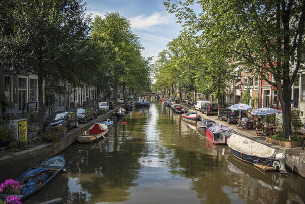 Serene Amsterdam Canal With Boats And Trees Art Print