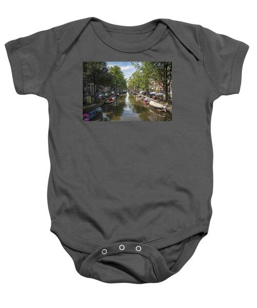 Serene Amsterdam Canal With Boats And Trees Baby One-Piece