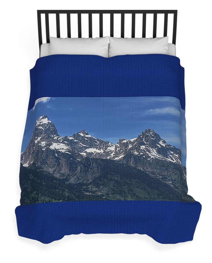 Snow-capped Teton Mountain Peaks Under Blue Sky Duvet Cover