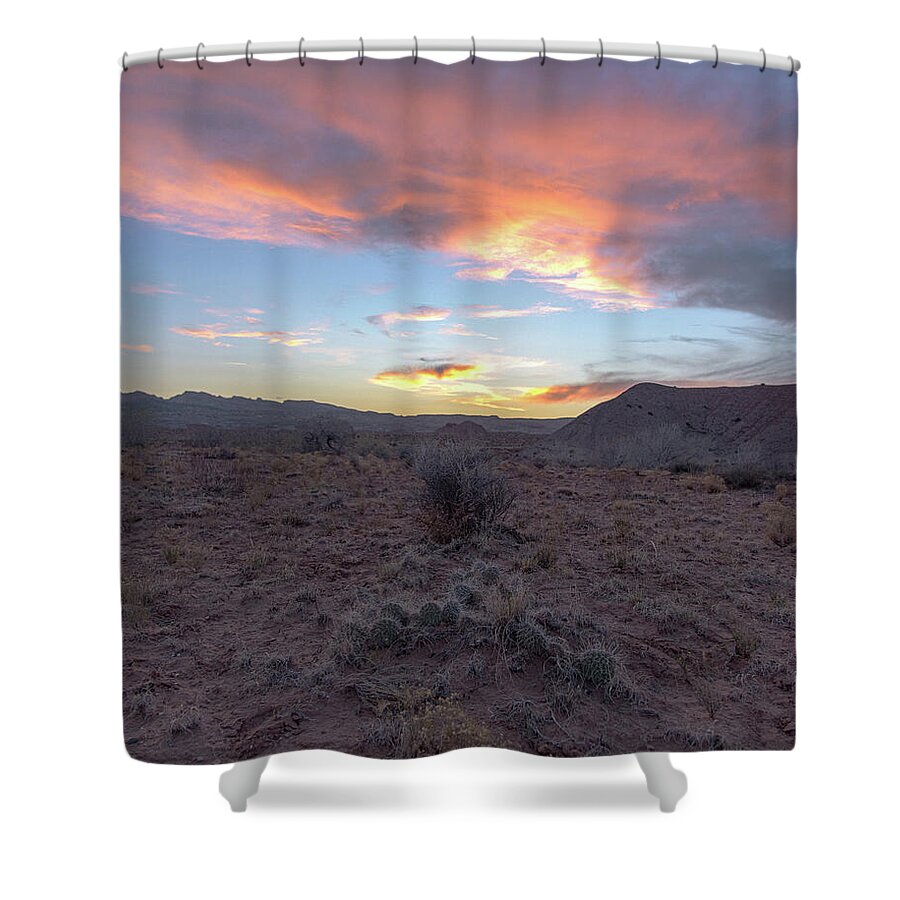 Desert Sunset Over Rugged Terrain Shower Curtain