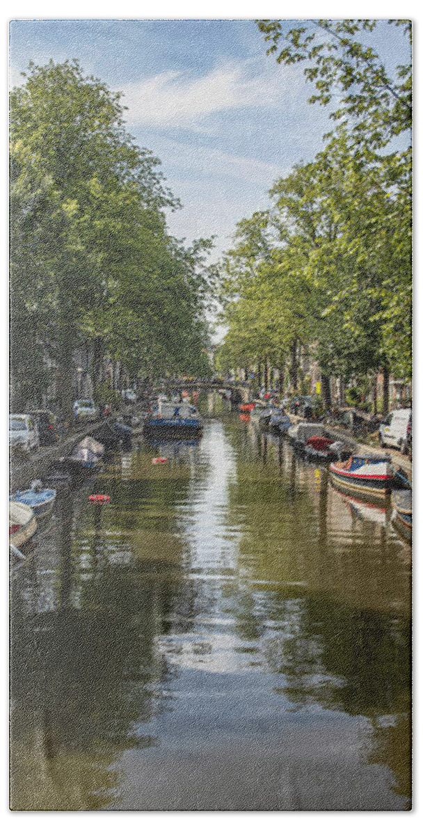 Serene Amsterdam Canal With Boats And Trees Hand Towel