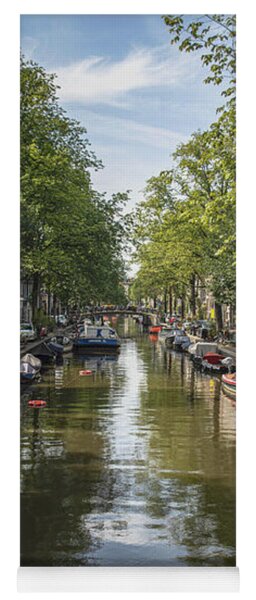 Serene Amsterdam Canal With Boats And Trees Yoga Mat
