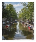 Serene Amsterdam Canal With Boats And Trees Fleece Blanket