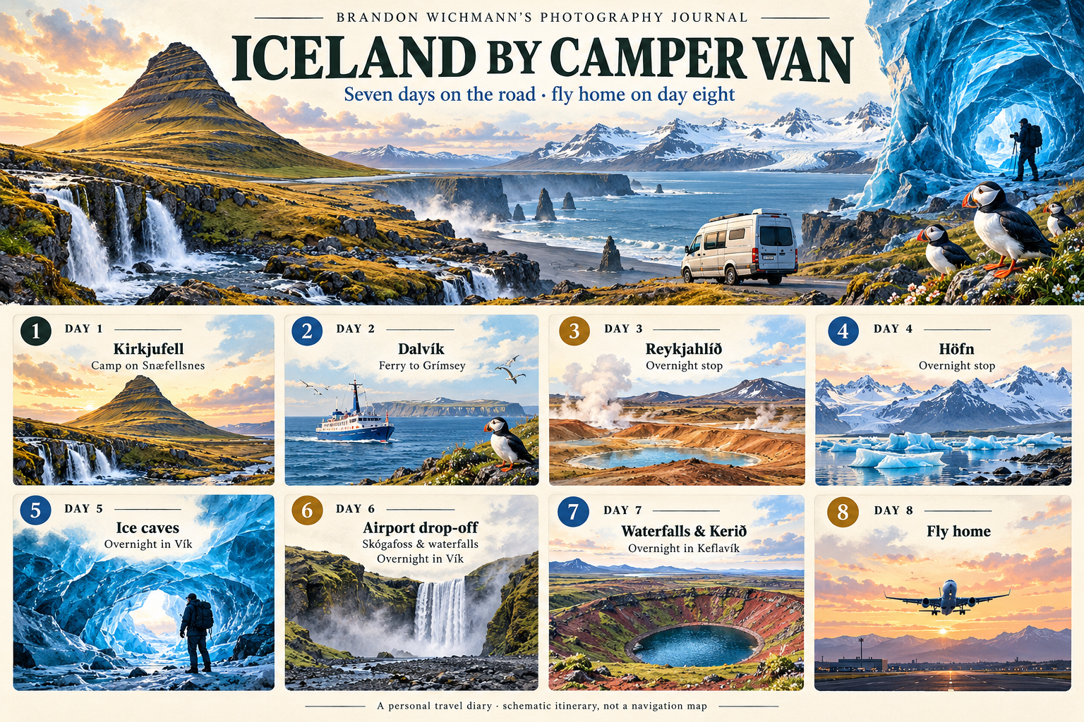 Illustrated itinerary: Kirkjufell and Snæfellsnes, Dalvík and Grímsey, Reykjahlíð, Höfn, ice caves and Vík, airport drop-off and Skógafoss, waterfalls and Kerið, then Keflavík and the flight home.