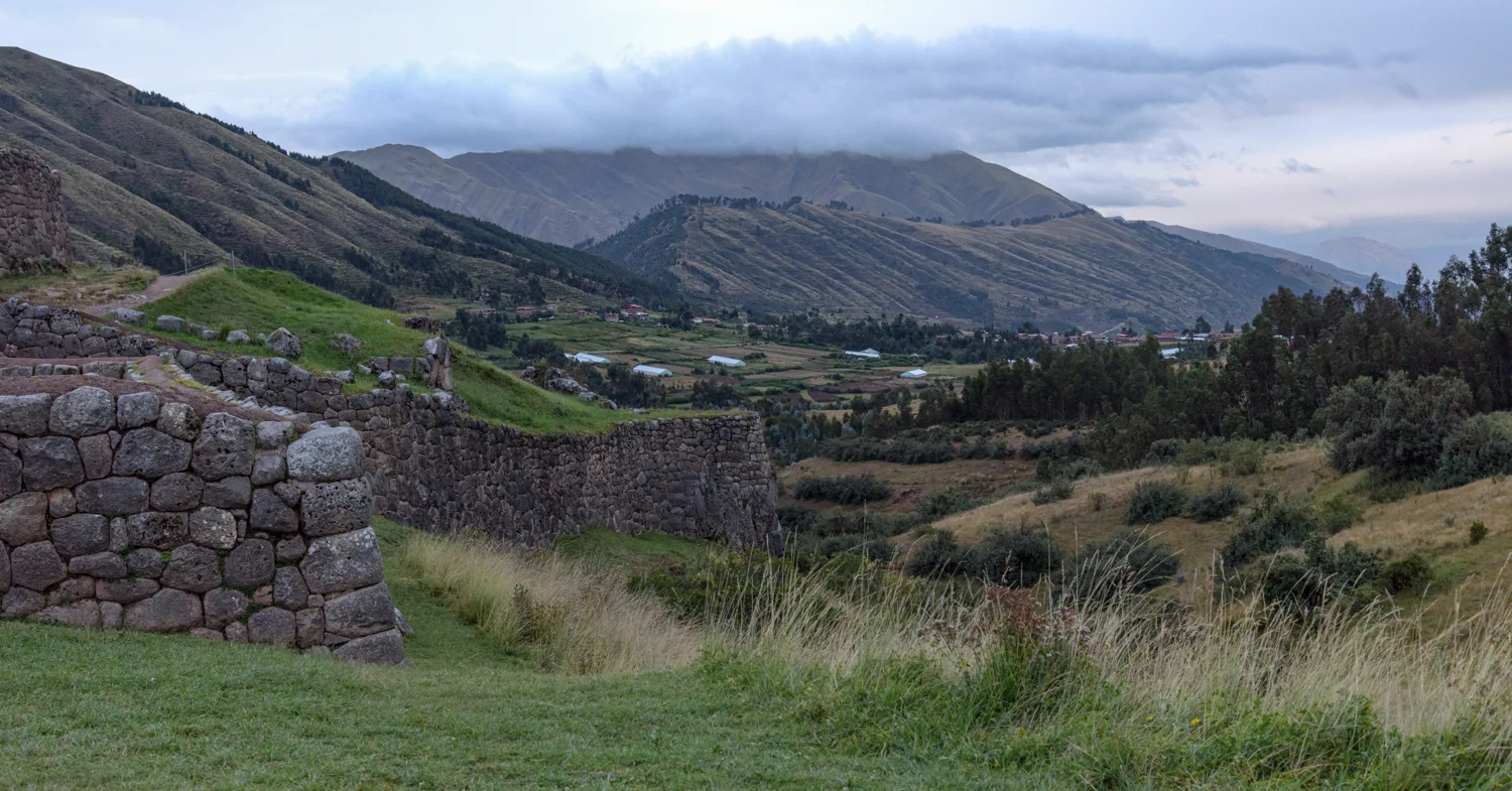 Puka Pukara’s stone enclosures above the surrounding valley