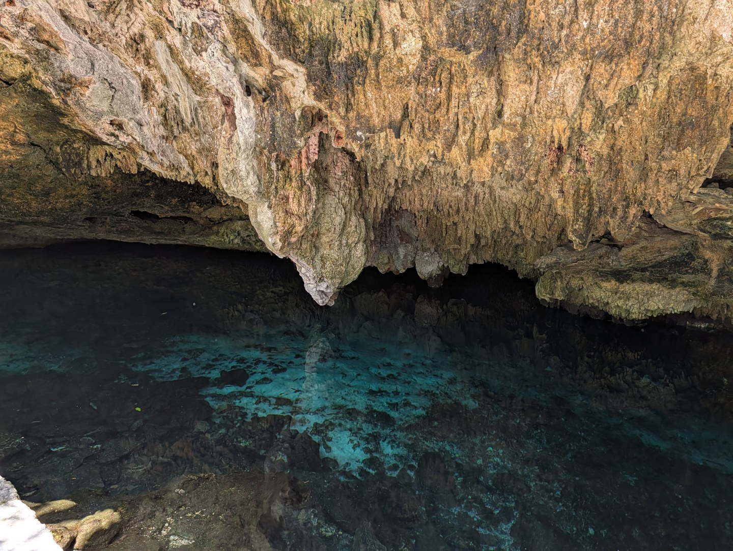 Clear water beneath a cave ceiling